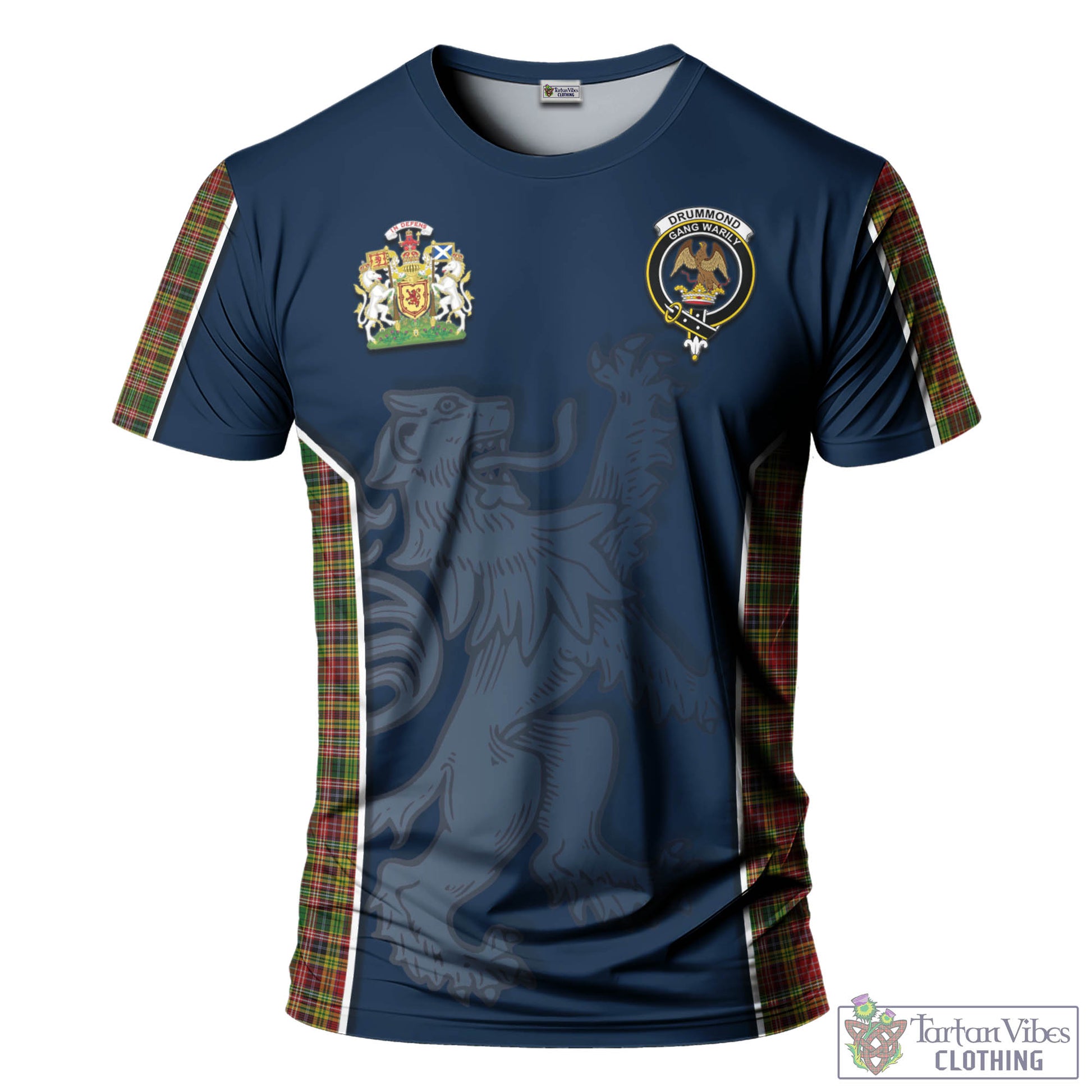 Tartan Vibes Clothing Drummond of Strathallan Tartan T-Shirt with Family Crest and Lion Rampant Vibes Sport Style