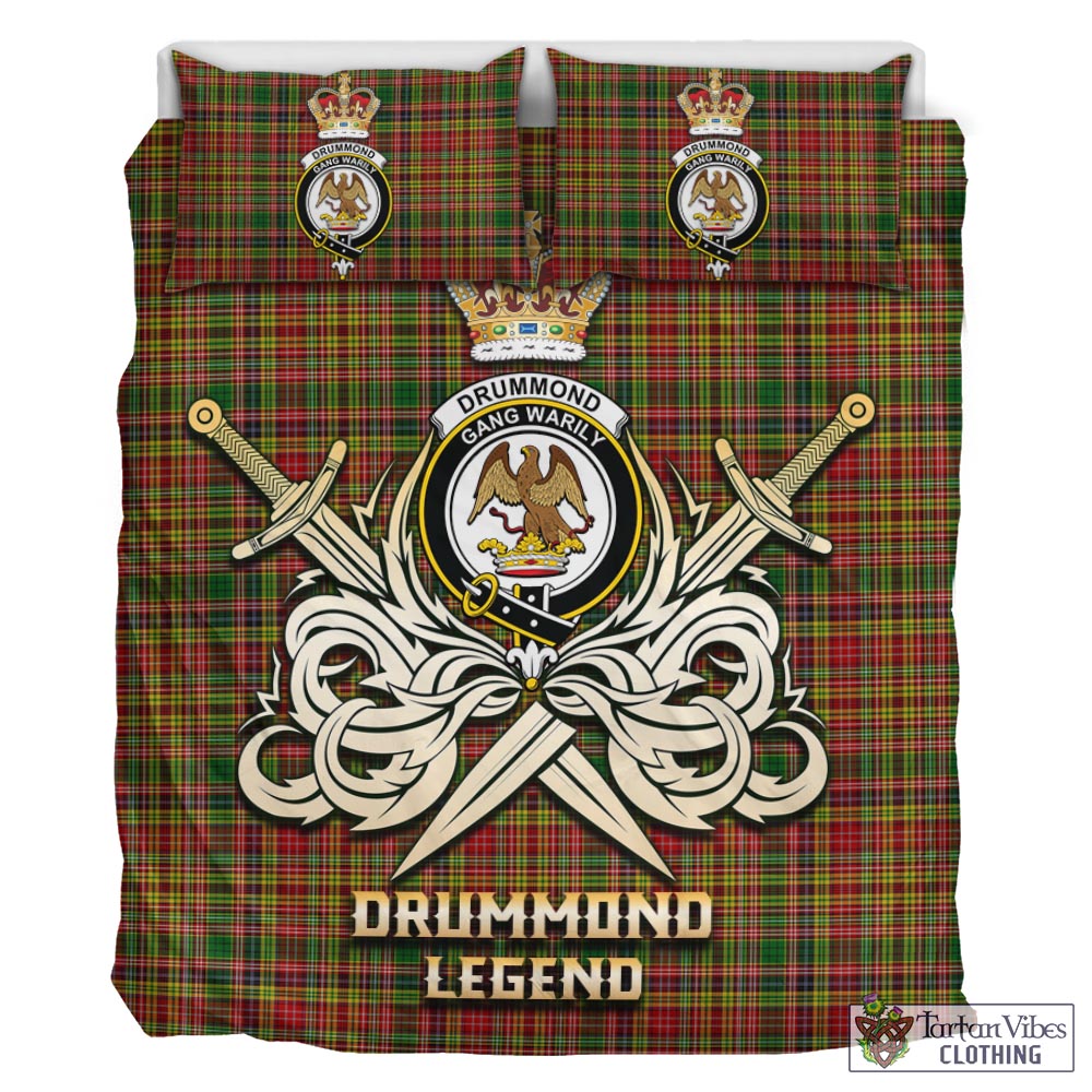 Tartan Vibes Clothing Drummond of Strathallan Tartan Bedding Set with Clan Crest and the Golden Sword of Courageous Legacy