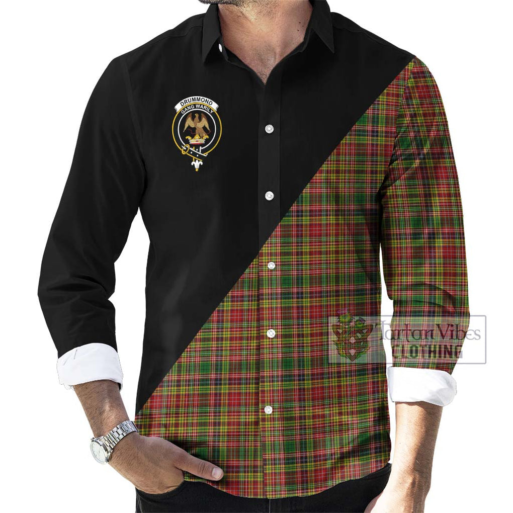 Drummond of Strathallan Tartan Long Sleeve Button Shirt with Family Crest and Military Logo Style - Tartanvibesclothing Shop