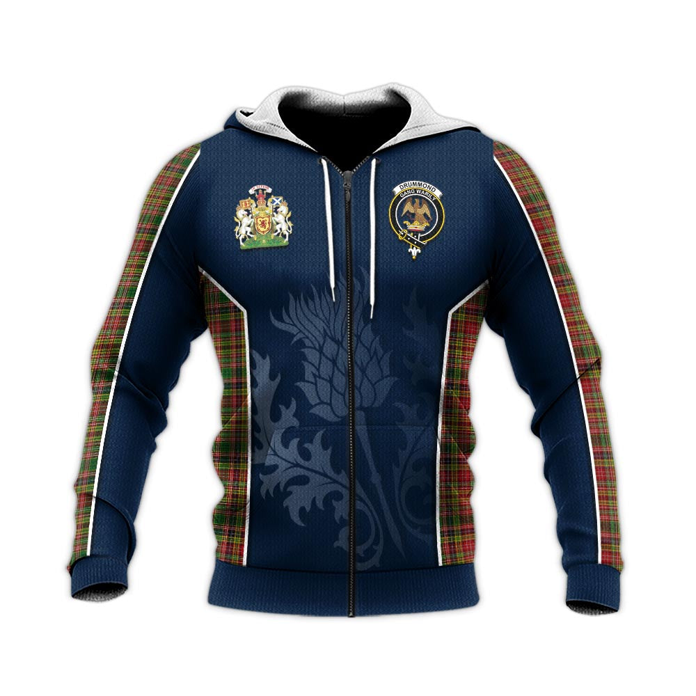 Tartan Vibes Clothing Drummond of Strathallan Tartan Knitted Hoodie with Family Crest and Scottish Thistle Vibes Sport Style