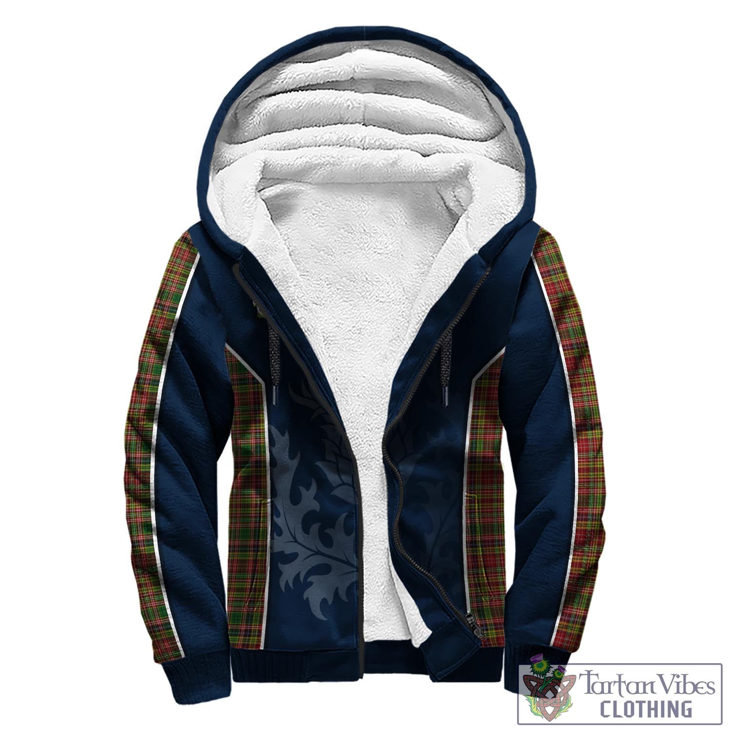 Tartan Vibes Clothing Drummond of Strathallan Tartan Sherpa Hoodie with Family Crest and Scottish Thistle Vibes Sport Style