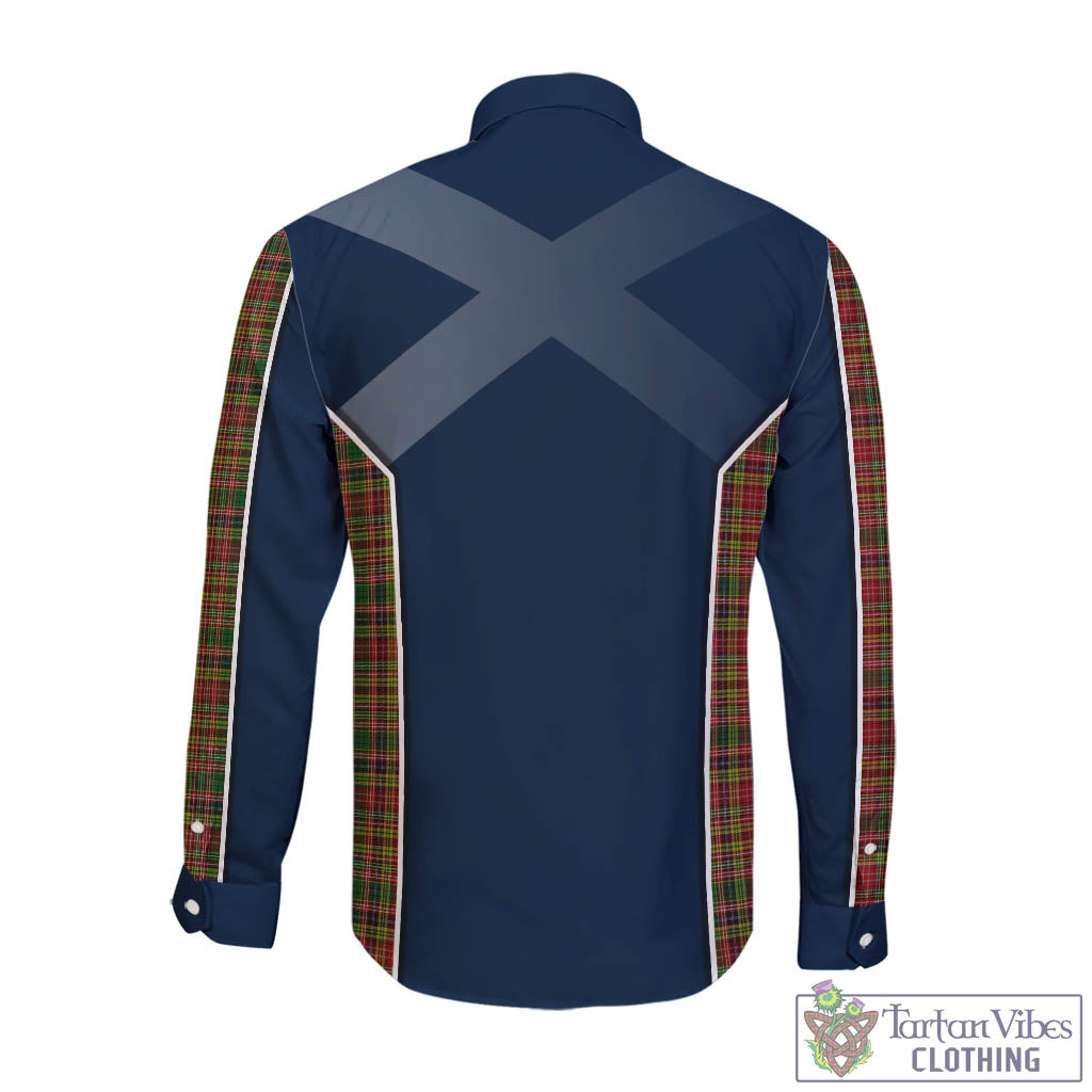 Tartan Vibes Clothing Drummond of Strathallan Tartan Long Sleeve Button Up Shirt with Family Crest and Scottish Thistle Vibes Sport Style