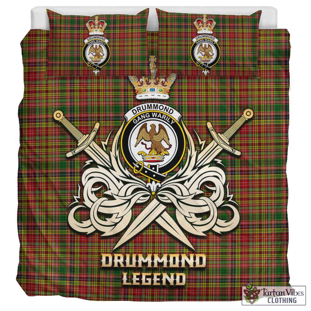 Tartan Vibes Clothing Drummond of Strathallan Tartan Bedding Set with Clan Crest and the Golden Sword of Courageous Legacy