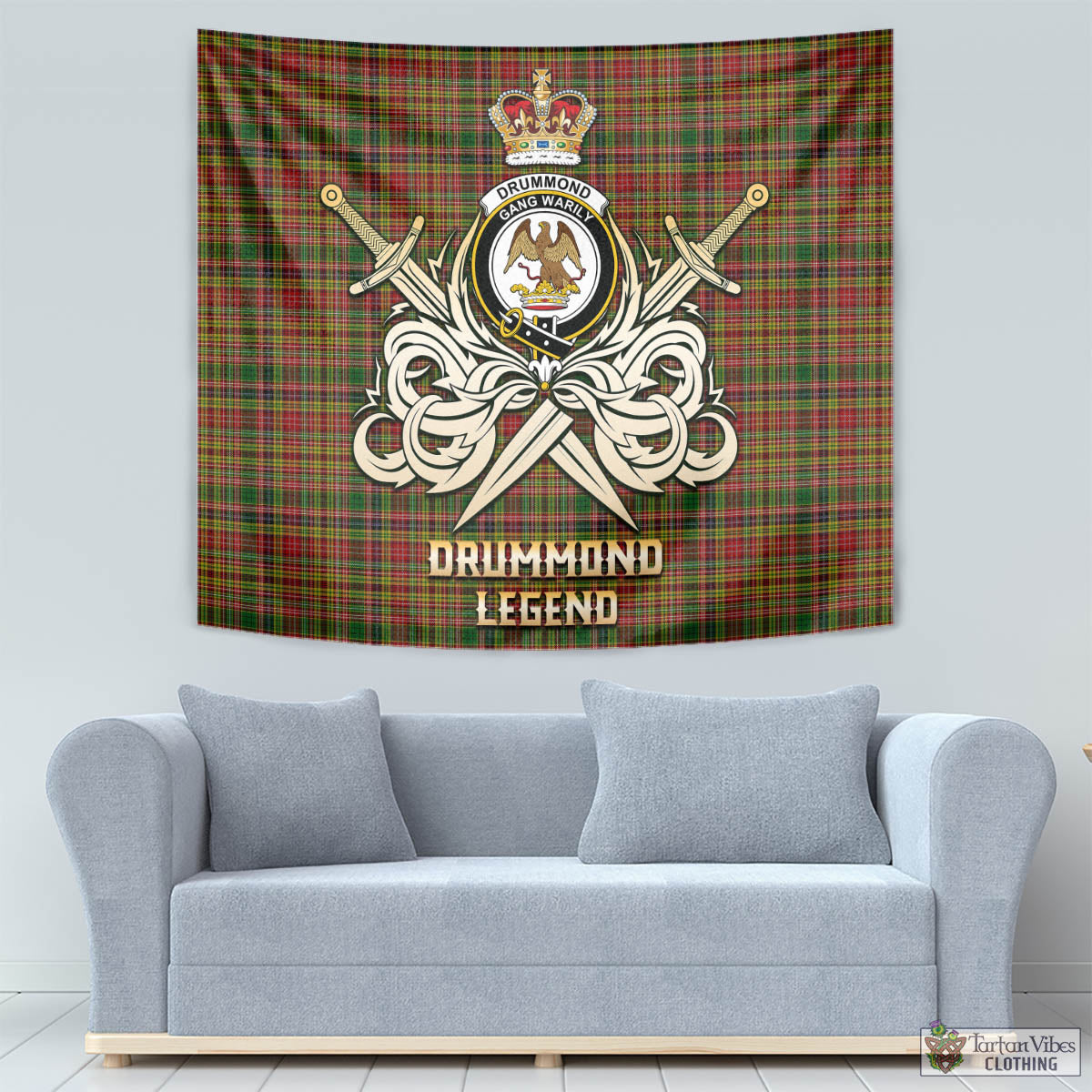 Tartan Vibes Clothing Drummond of Strathallan Tartan Tapestry with Clan Crest and the Golden Sword of Courageous Legacy