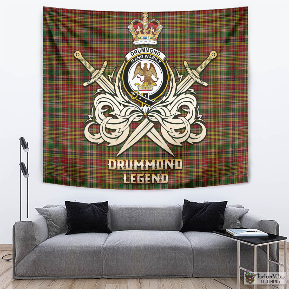 Tartan Vibes Clothing Drummond of Strathallan Tartan Tapestry with Clan Crest and the Golden Sword of Courageous Legacy