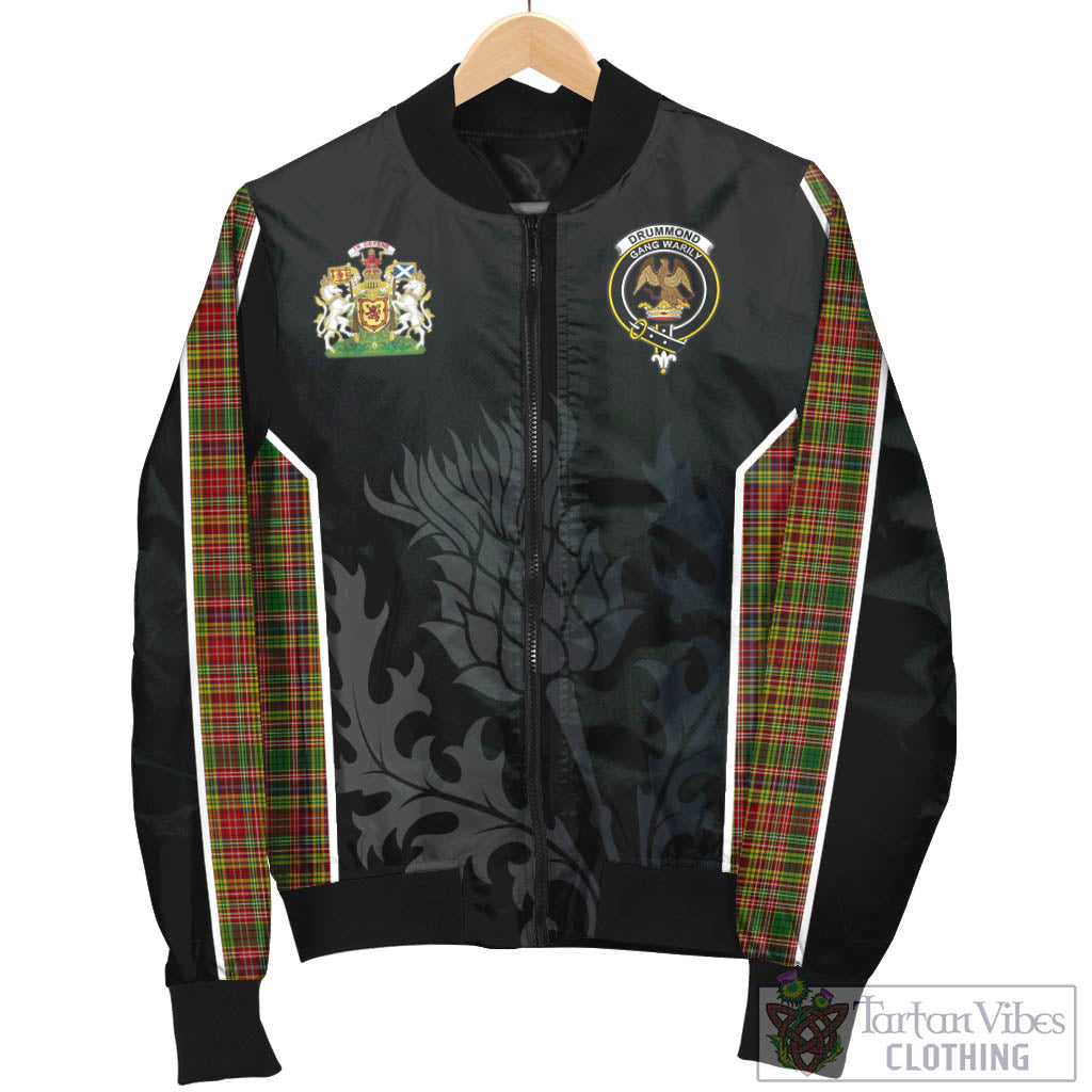 Tartan Vibes Clothing Drummond of Strathallan Tartan Bomber Jacket with Family Crest and Scottish Thistle Vibes Sport Style