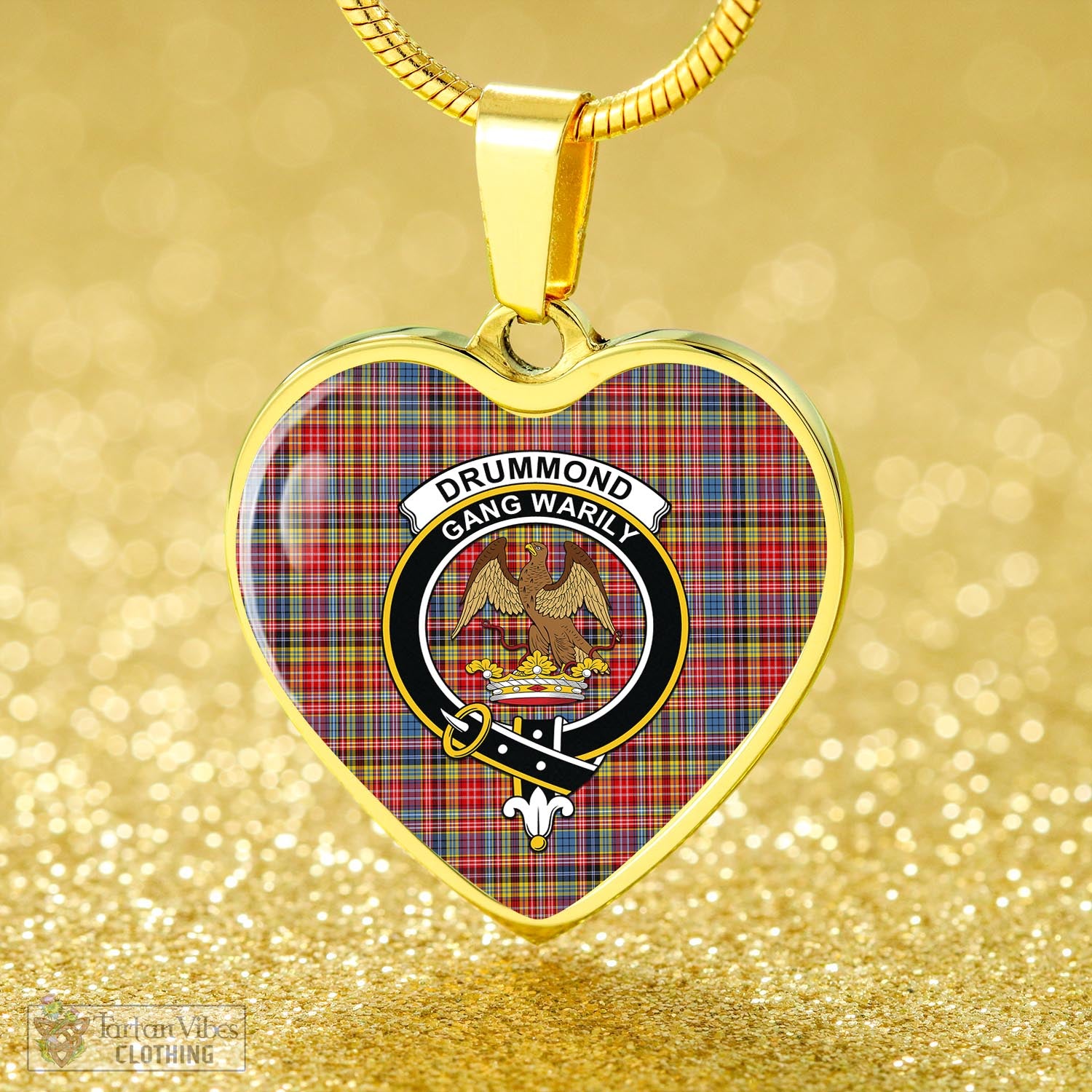 Tartan Vibes Clothing Drummond of Strathallan Modern Tartan Heart Necklace with Family Crest