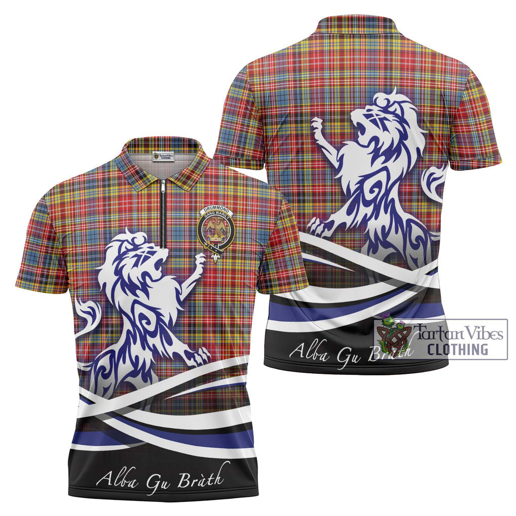 Drummond of Strathallan Modern Tartan Zipper Polo Shirt with Alba Gu Brath Regal Lion Emblem Unisex - Tartanvibesclothing Shop