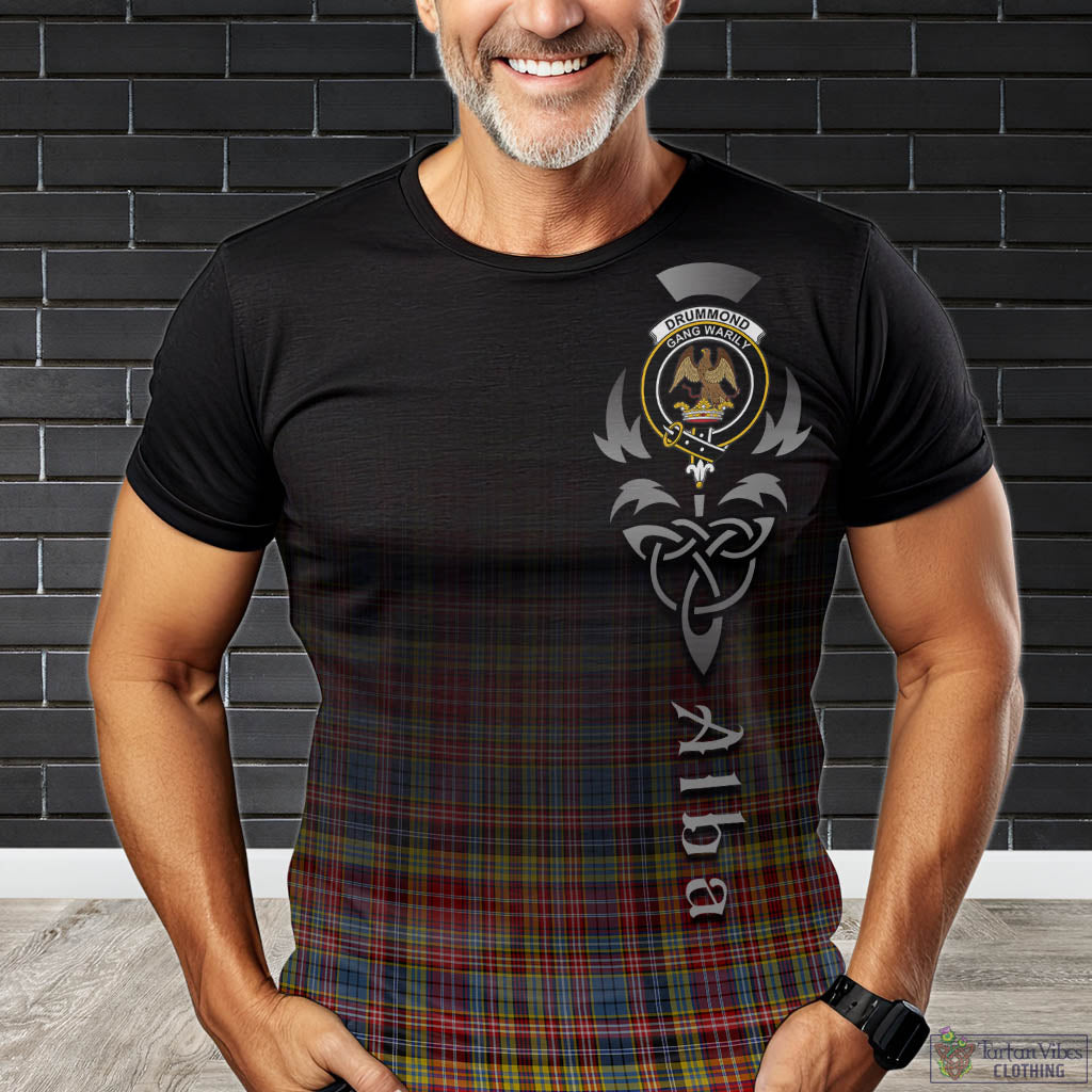 Tartan Vibes Clothing Drummond of Strathallan Modern Tartan T-Shirt Featuring Alba Gu Brath Family Crest Celtic Inspired