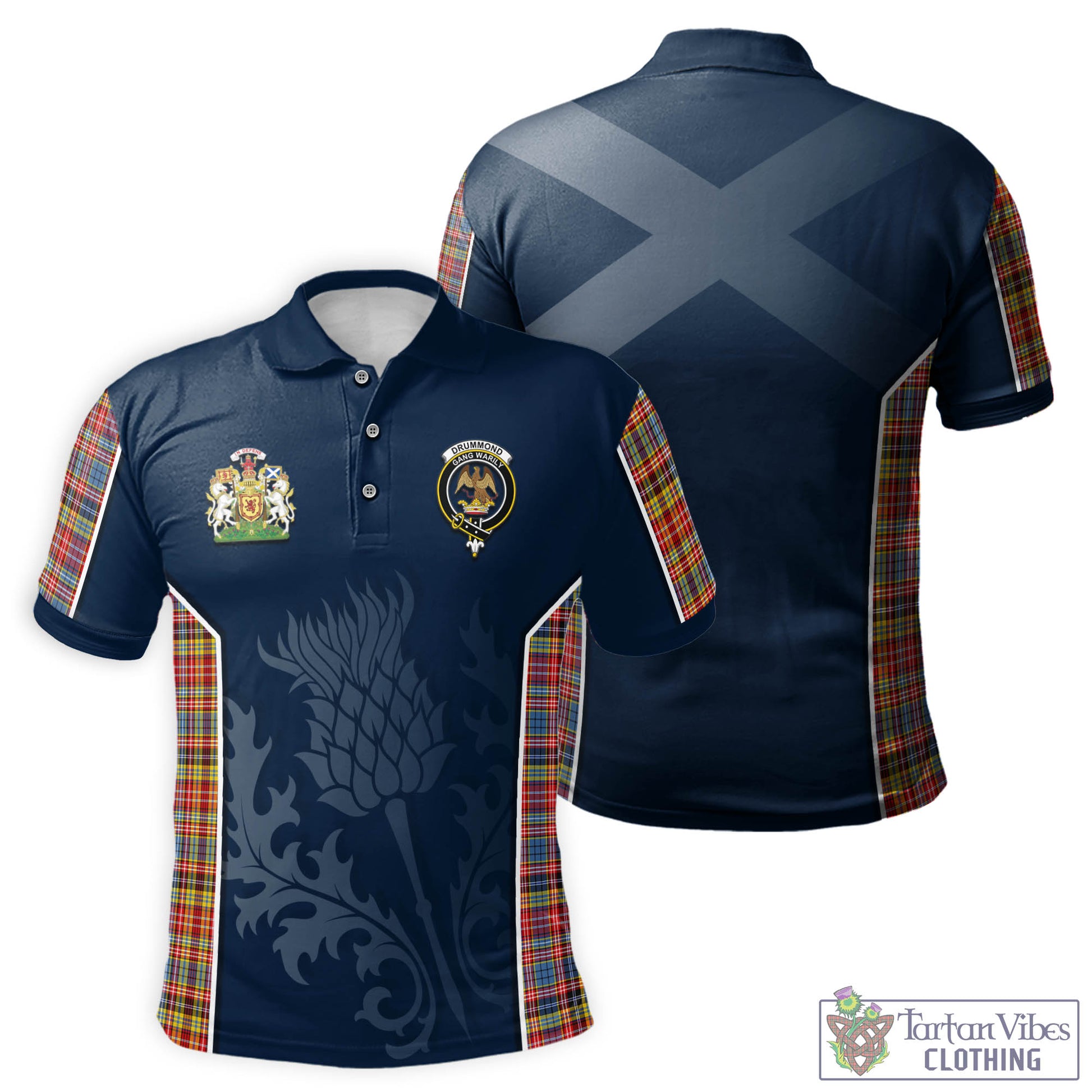 Tartan Vibes Clothing Drummond of Strathallan Modern Tartan Men's Polo Shirt with Family Crest and Scottish Thistle Vibes Sport Style