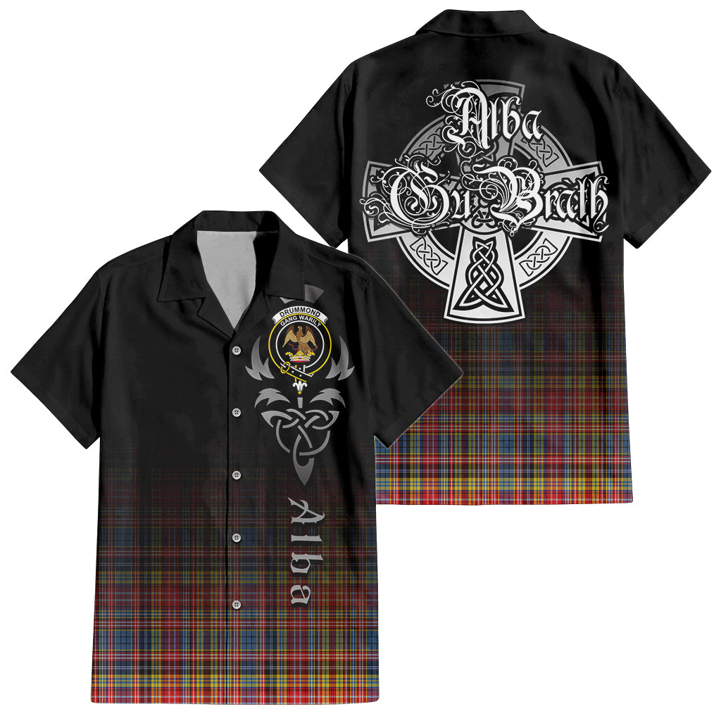 Tartan Vibes Clothing Drummond of Strathallan Modern Tartan Short Sleeve Button Up Featuring Alba Gu Brath Family Crest Celtic Inspired