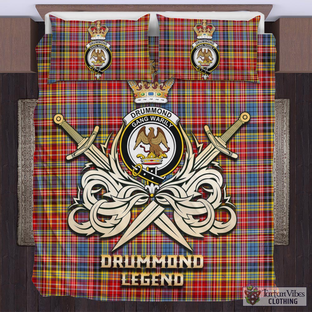 Tartan Vibes Clothing Drummond of Strathallan Modern Tartan Bedding Set with Clan Crest and the Golden Sword of Courageous Legacy