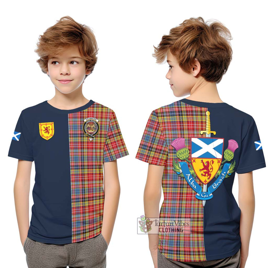 Tartan Vibes Clothing Drummond of Strathallan Modern Tartan Kid T-Shirt with Scottish Lion Royal Arm Half Style