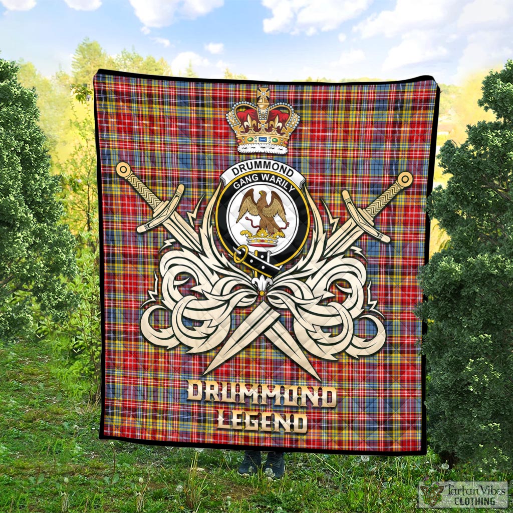 Tartan Vibes Clothing Drummond of Strathallan Modern Tartan Quilt with Clan Crest and the Golden Sword of Courageous Legacy