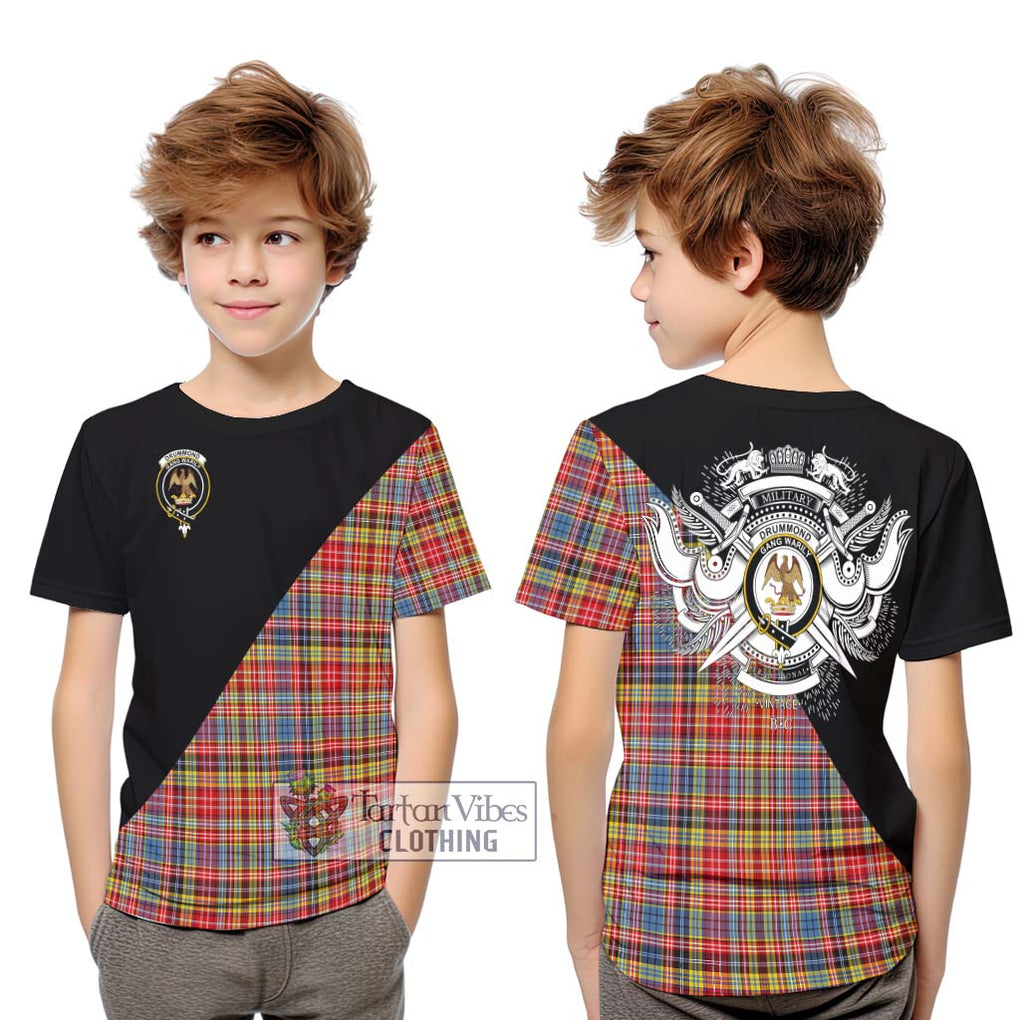 Drummond of Strathallan Modern Tartan Kid T-Shirt with Family Crest and Military Logo Style Youth XL Size14 - Tartanvibesclothing Shop