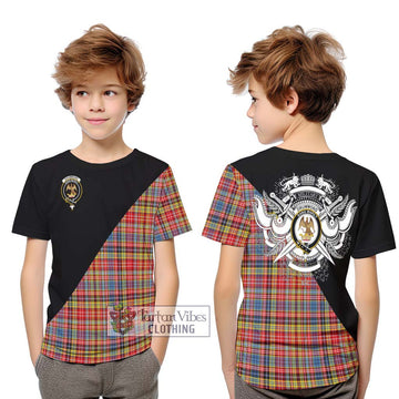 Drummond of Strathallan Modern Tartan Kid T-Shirt with Family Crest and Military Logo Style