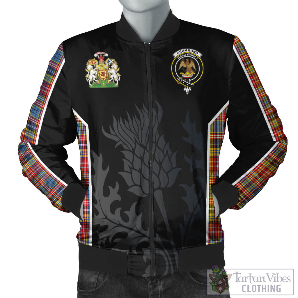 Tartan Vibes Clothing Drummond of Strathallan Modern Tartan Bomber Jacket with Family Crest and Scottish Thistle Vibes Sport Style