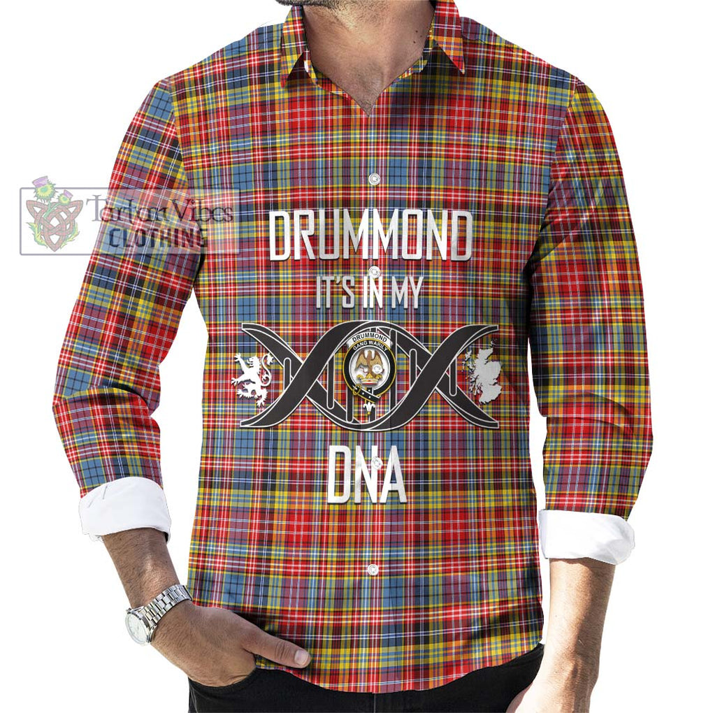 Drummond of Strathallan Modern Tartan Long Sleeve Button Shirt with Family Crest DNA In Me Style Men's Shirt S - Tartanvibesclothing Shop