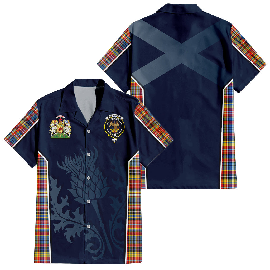 Tartan Vibes Clothing Drummond of Strathallan Modern Tartan Short Sleeve Button Up Shirt with Family Crest and Scottish Thistle Vibes Sport Style