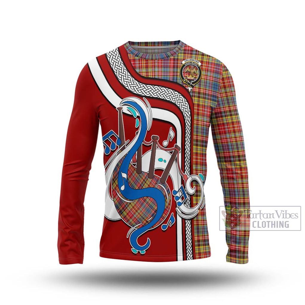 Tartan Vibes Clothing Drummond of Strathallan Modern Tartan Long Sleeve T-Shirt with Epic Bagpipe Style