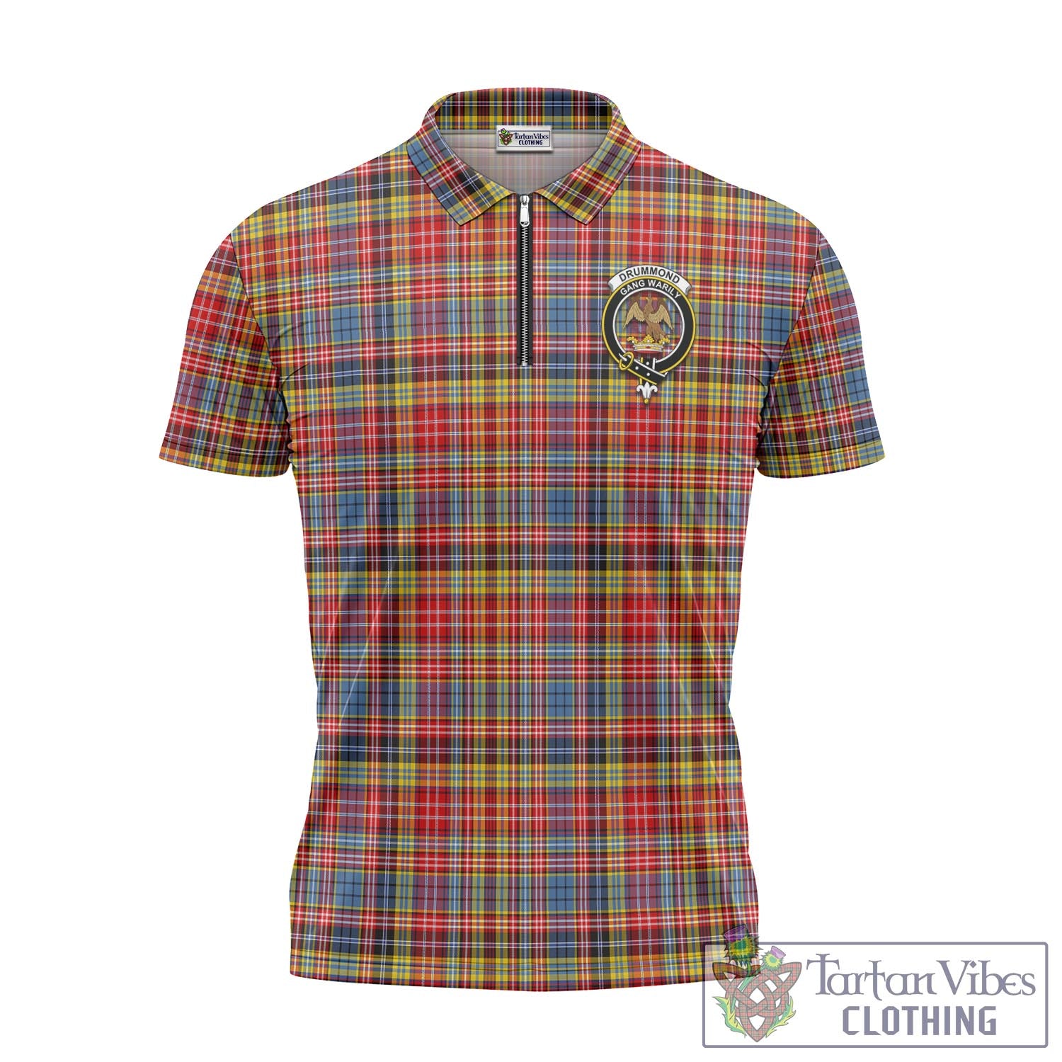 Tartan Vibes Clothing Drummond of Strathallan Modern Tartan Zipper Polo Shirt with Family Crest