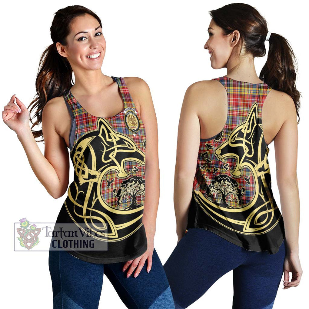 Drummond of Strathallan Modern Tartan Women's Racerback Tanks with Family Crest Celtic Wolf Style 4XL - Tartan Vibes Clothing