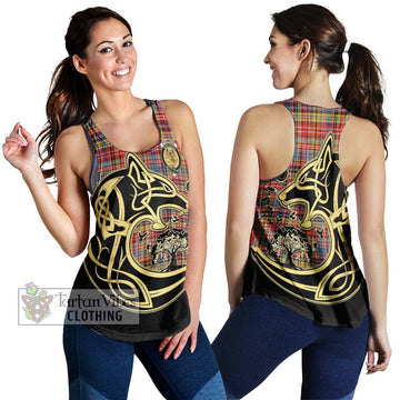 Drummond of Strathallan Modern Tartan Women's Racerback Tanks with Family Crest Celtic Wolf Style