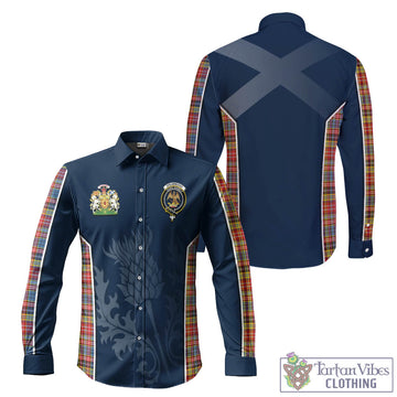 Drummond of Strathallan Modern Tartan Long Sleeve Button Up Shirt with Family Crest and Scottish Thistle Vibes Sport Style