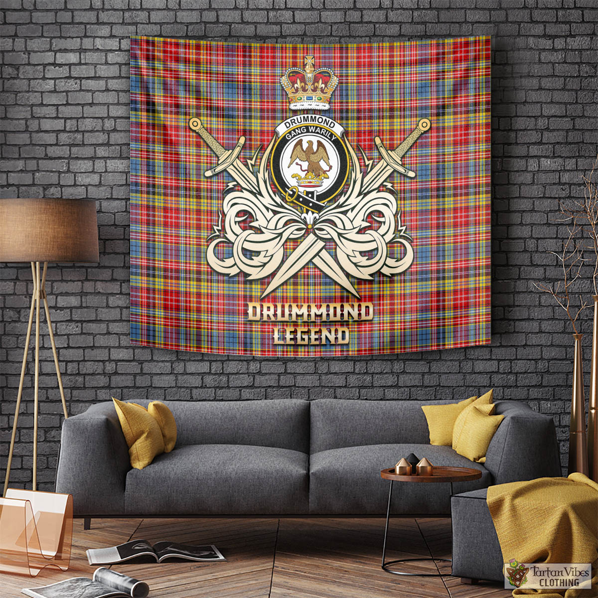 Tartan Vibes Clothing Drummond of Strathallan Modern Tartan Tapestry with Clan Crest and the Golden Sword of Courageous Legacy