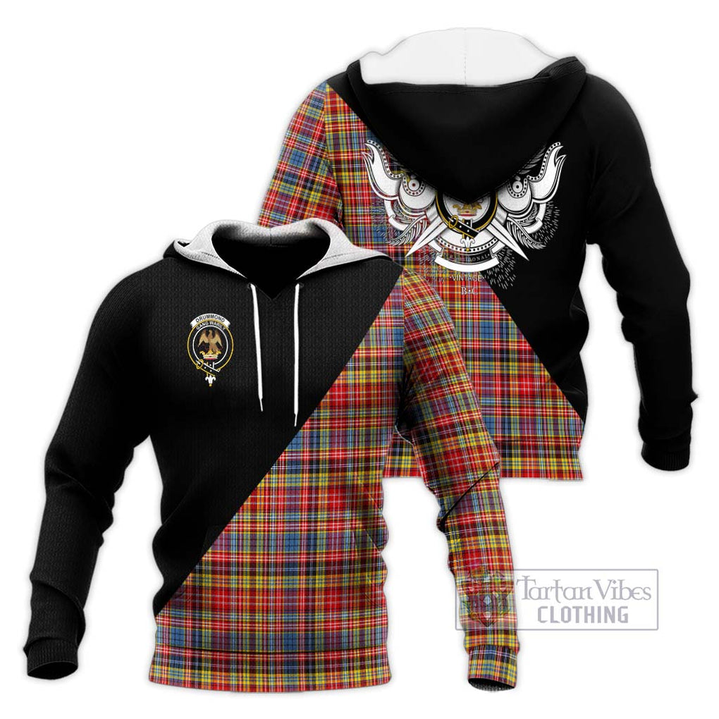 Drummond of Strathallan Modern Tartan Knitted Hoodie with Family Crest and Military Logo Style Unisex Knitted Pullover Hoodie - Tartanvibesclothing Shop