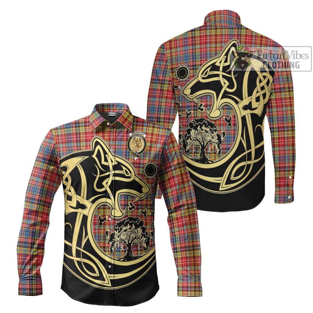 Drummond of Strathallan Modern Tartan Long Sleeve Button Shirt with Family Crest Celtic Wolf Style Men's Shirt S - Tartan Vibes Clothing