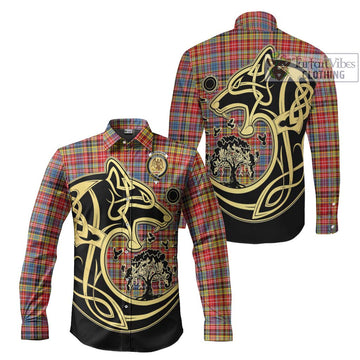 Drummond of Strathallan Modern Tartan Long Sleeve Button Shirt with Family Crest Celtic Wolf Style