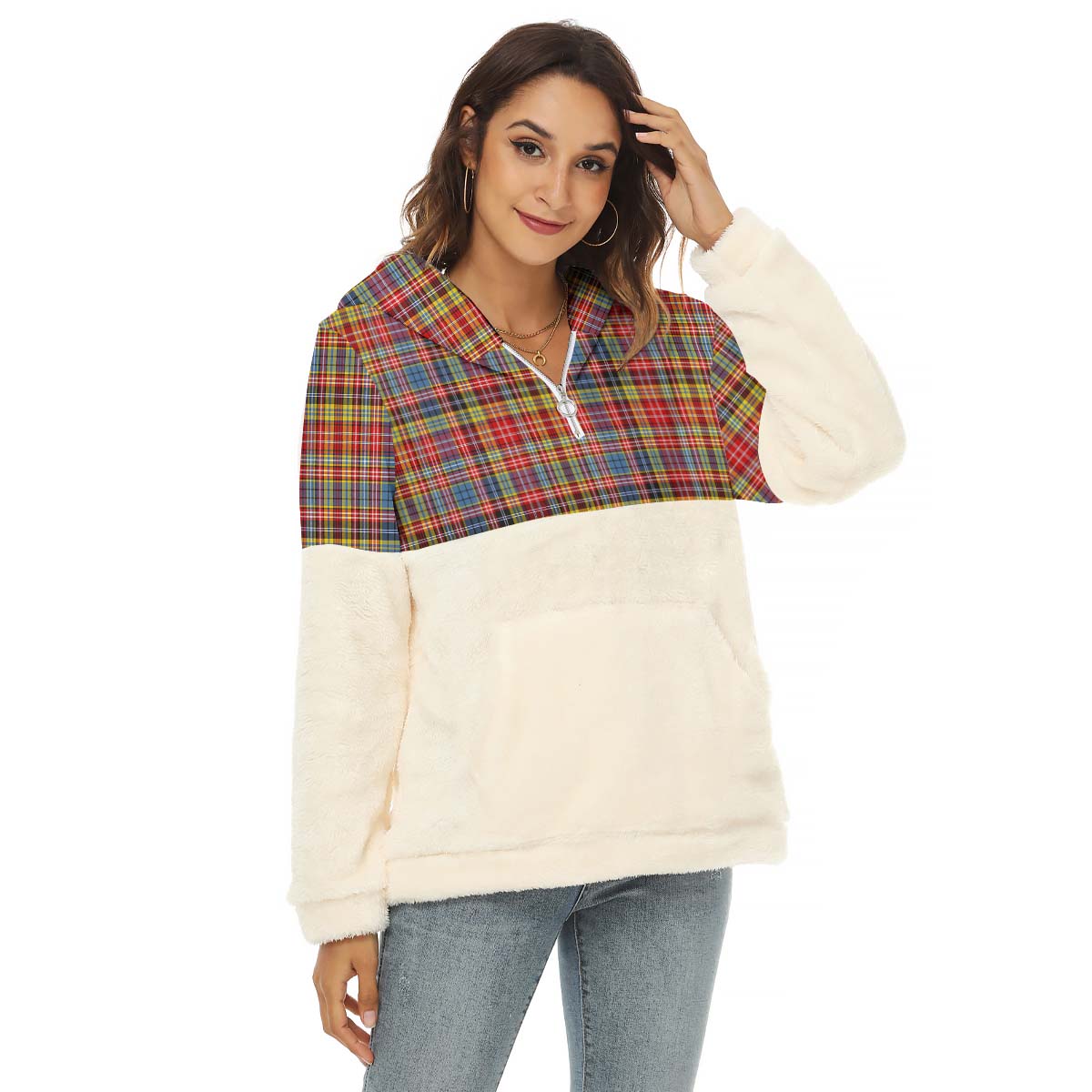 Drummond of Strathallan Modern Tartan Women's Borg Fleece Hoodie With Half Zip Female - Tartan Vibes Clothing