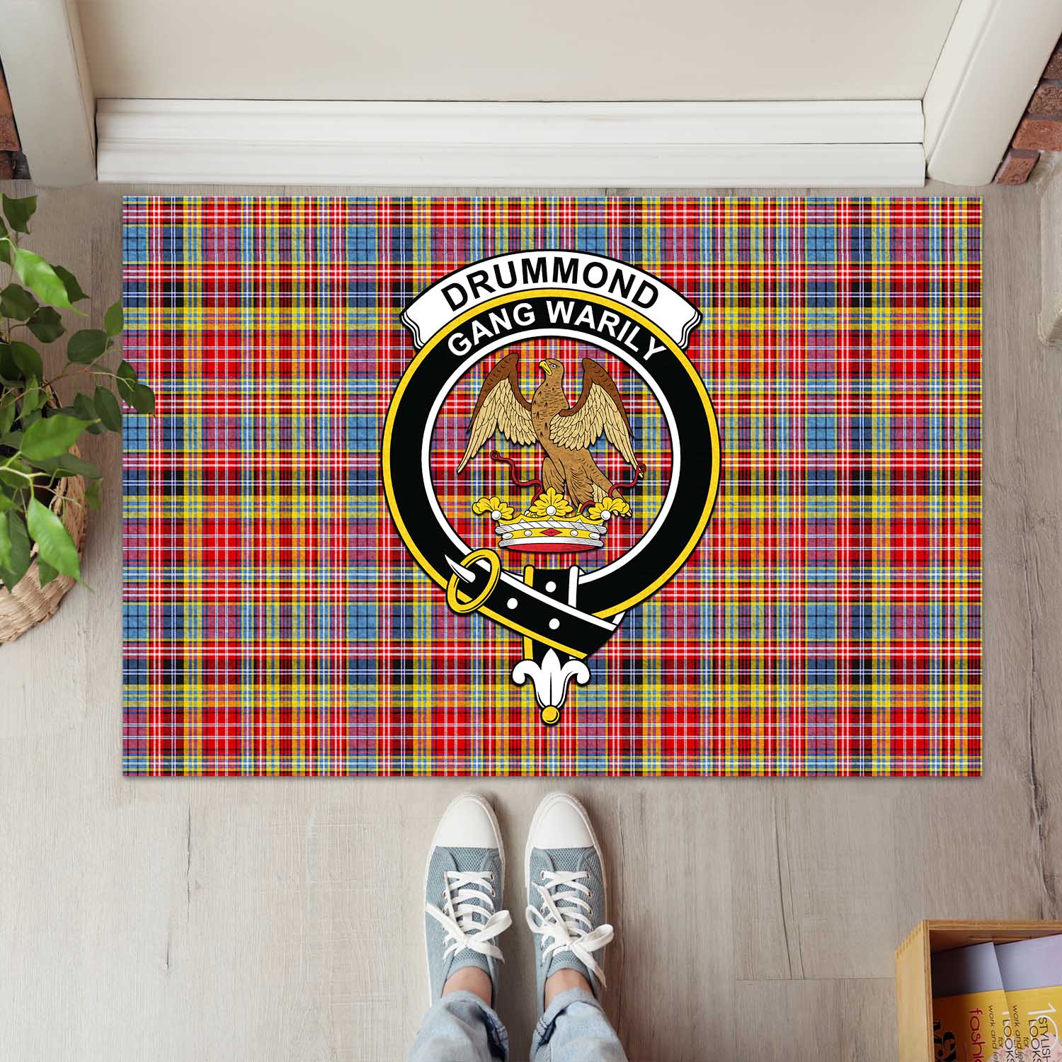 Drummond of Strathallan Modern Tartan Door Mat with Family Crest - Tartanvibesclothing