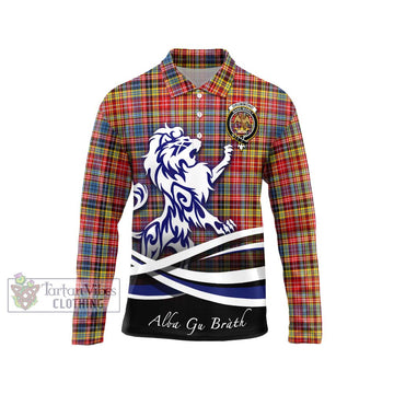 Drummond of Strathallan Modern Tartan Long Sleeve Polo Shirt with Alba Gu Brath Regal Lion Emblem