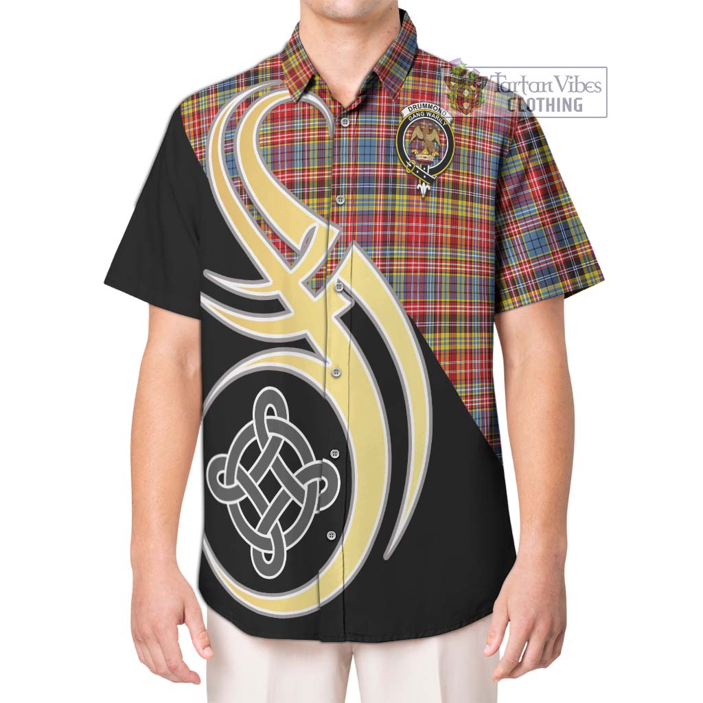 Drummond of Strathallan Modern Tartan Short Sleeve Button Shirt with Family Crest and Celtic Symbol Style Kid - Tartan Vibes Clothing