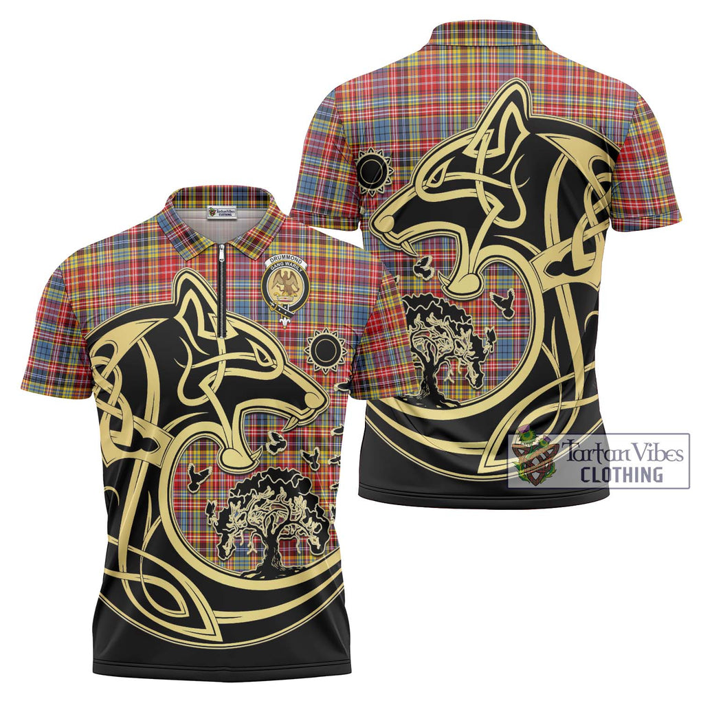 Drummond of Strathallan Modern Tartan Zipper Polo Shirt with Family Crest Celtic Wolf Style Unisex - Tartanvibesclothing Shop