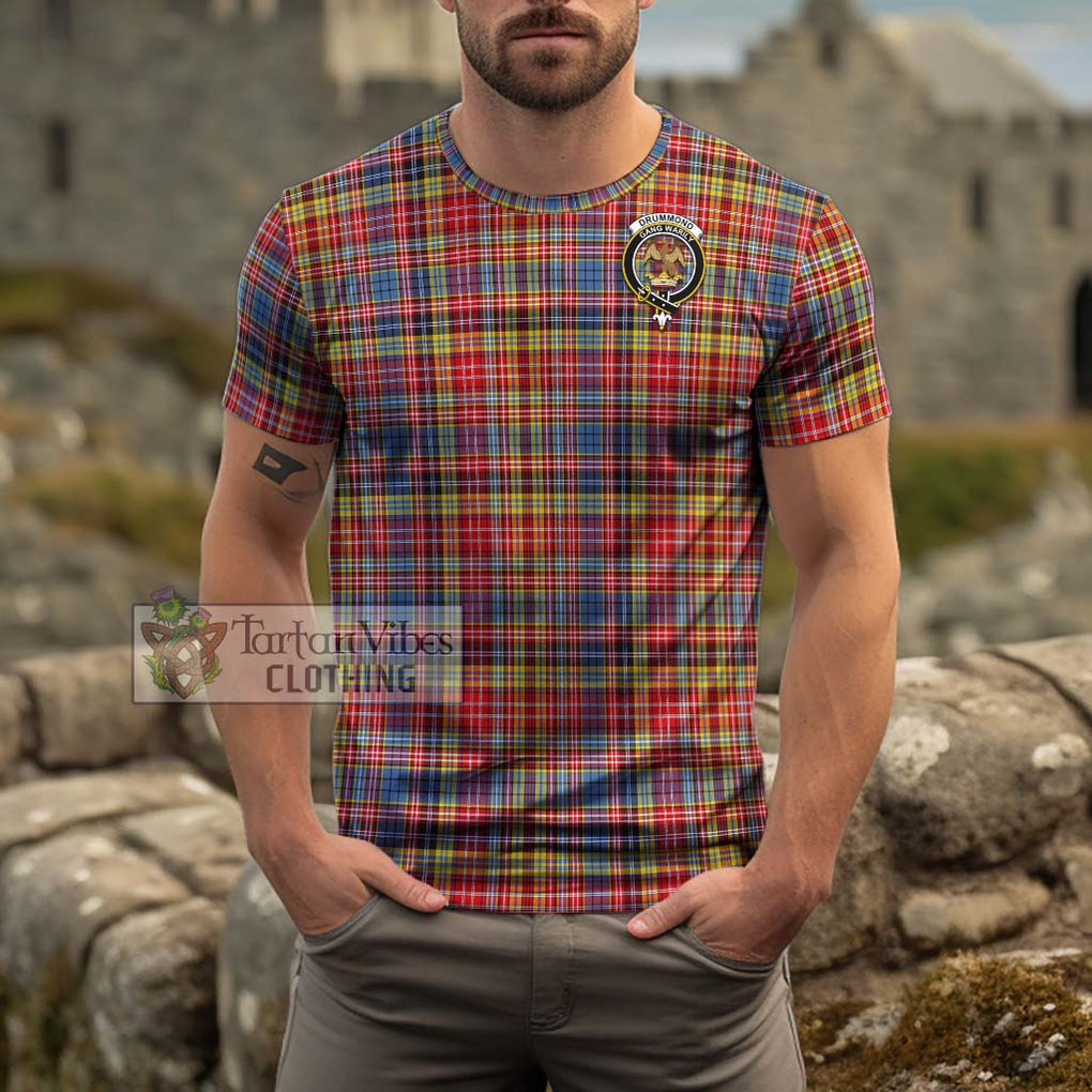 Drummond of Strathallan Modern Tartan Cotton T-Shirt with Family Crest Men's Shirt - Tartanvibesclothing Shop