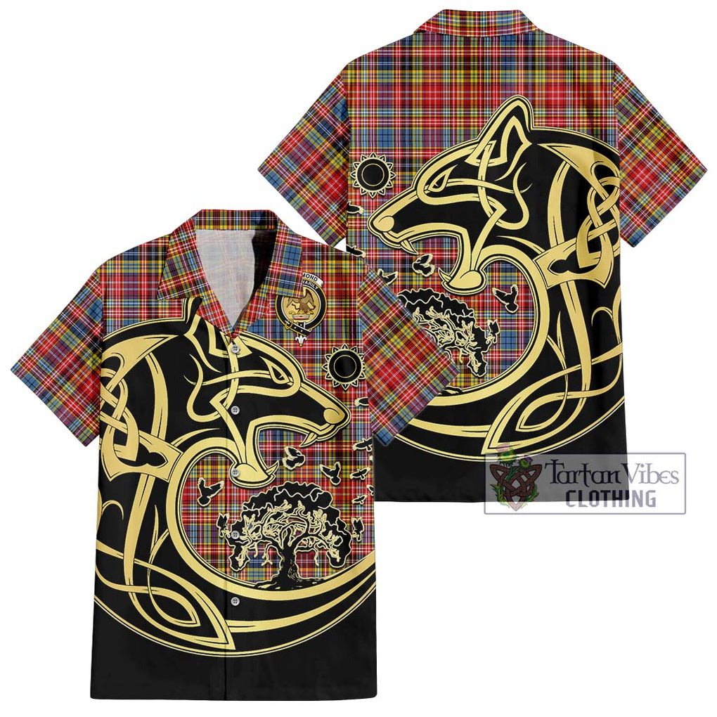 Drummond of Strathallan Modern Tartan Short Sleeve Button Shirt with Family Crest Celtic Wolf Style Kid - Tartan Vibes Clothing