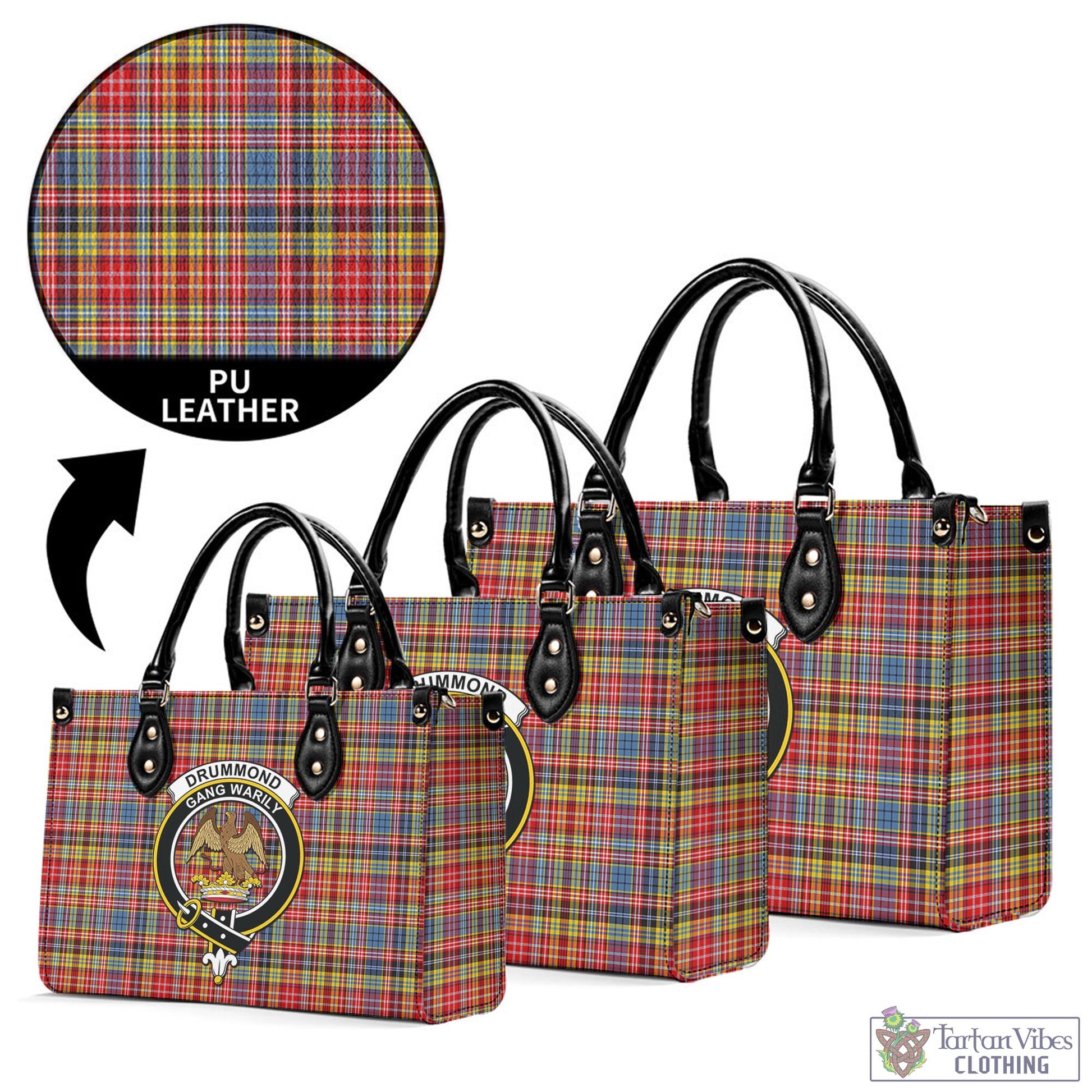 Tartan Vibes Clothing Drummond of Strathallan Modern Tartan Luxury Leather Handbags with Family Crest