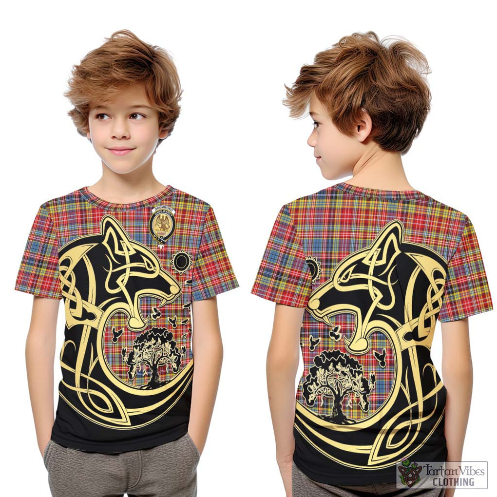 Drummond of Strathallan Modern Tartan Kid T-Shirt with Family Crest Celtic Wolf Style Youth XL Size14 - Tartan Vibes Clothing