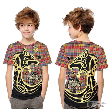 Drummond of Strathallan Modern Tartan Kid T-Shirt with Family Crest Celtic Wolf Style