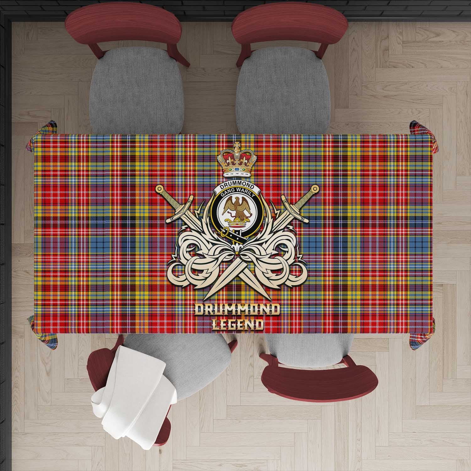 Tartan Vibes Clothing Drummond of Strathallan Modern Tartan Tablecloth with Clan Crest and the Golden Sword of Courageous Legacy