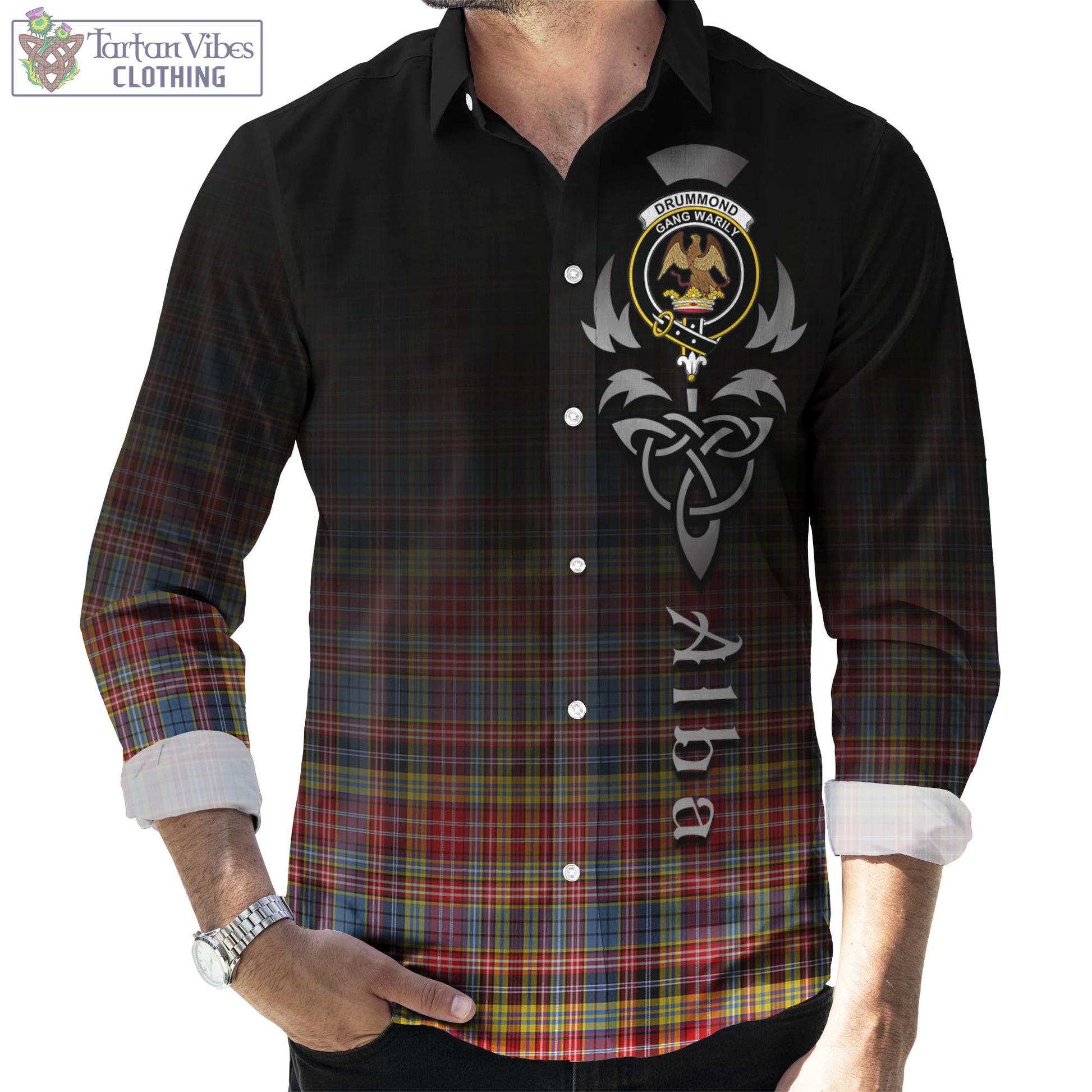 Tartan Vibes Clothing Drummond of Strathallan Modern Tartan Long Sleeve Button Up Featuring Alba Gu Brath Family Crest Celtic Inspired