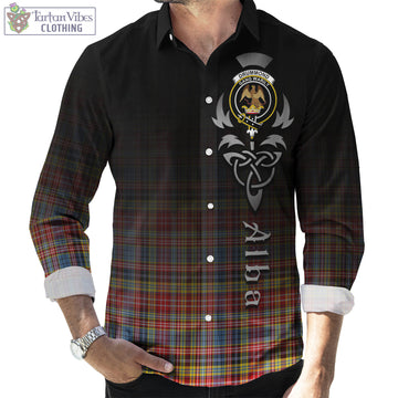 Drummond of Strathallan Modern Tartan Long Sleeve Button Up Featuring Alba Gu Brath Family Crest Celtic Inspired