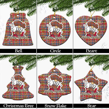 Drummond of Strathallan Modern Tartan Christmas Ceramic Ornaments with Scottish Gnome Playing Bagpipes