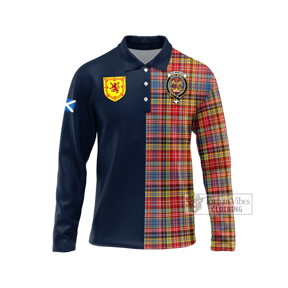 Tartan Vibes Clothing Drummond of Strathallan Modern Tartan Long Sleeve Polo Shirt with Scottish Lion Royal Arm Half Style