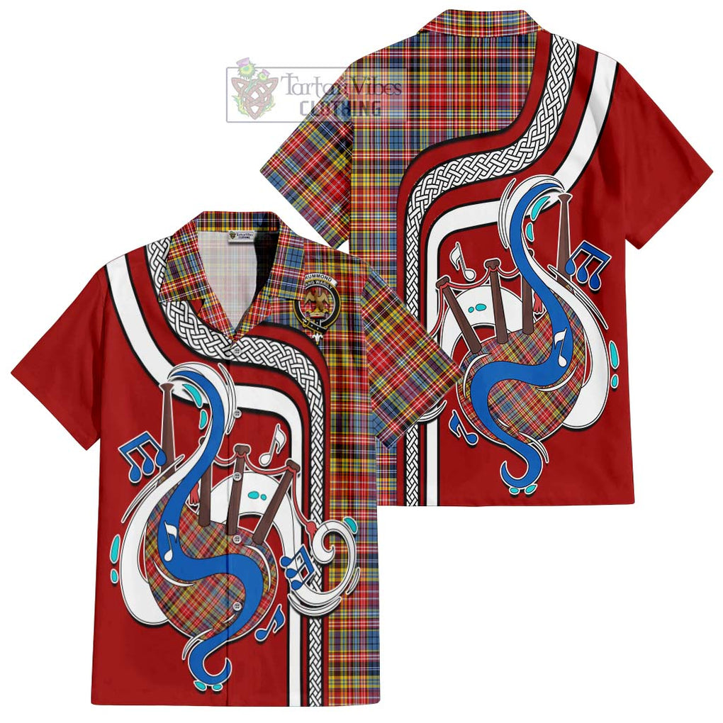 Drummond of Strathallan Modern Tartan Short Sleeve Button Shirt with Epic Bagpipe Style Kid - Tartanvibesclothing Shop