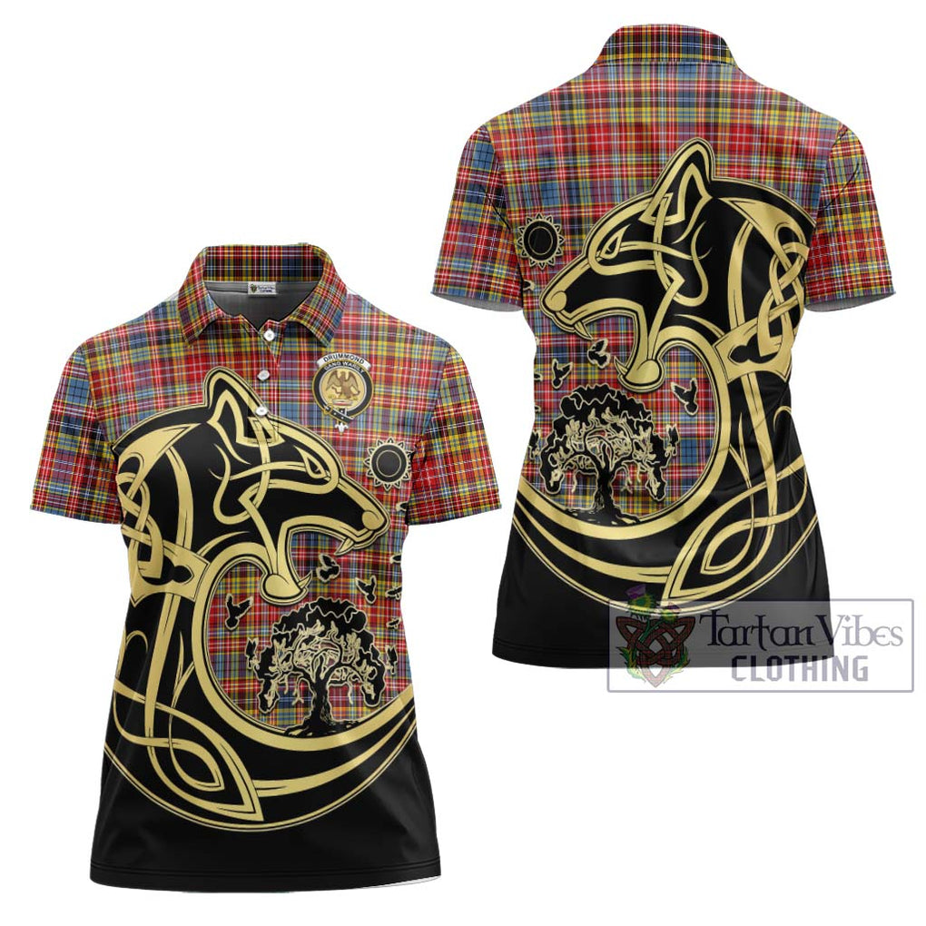 Drummond of Strathallan Modern Tartan Women's Polo Shirt with Family Crest Celtic Wolf Style Women - Tartanvibesclothing Shop