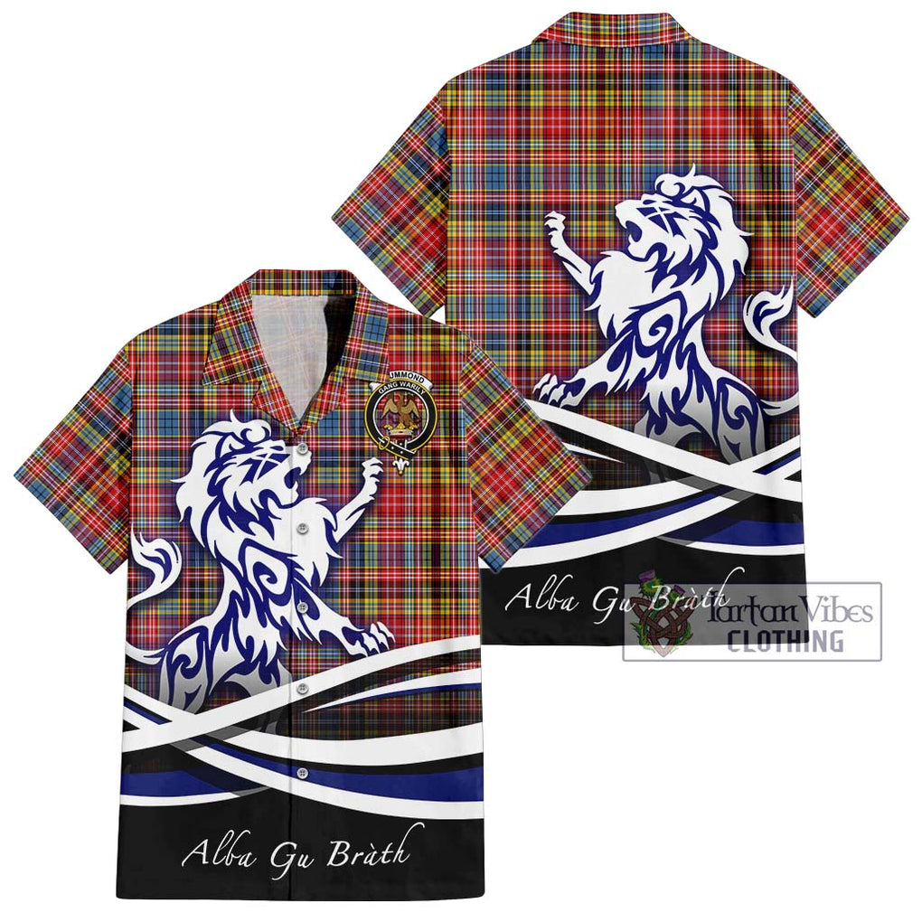 Drummond of Strathallan Modern Tartan Short Sleeve Button Shirt with Alba Gu Brath Regal Lion Emblem Kid - Tartanvibesclothing Shop